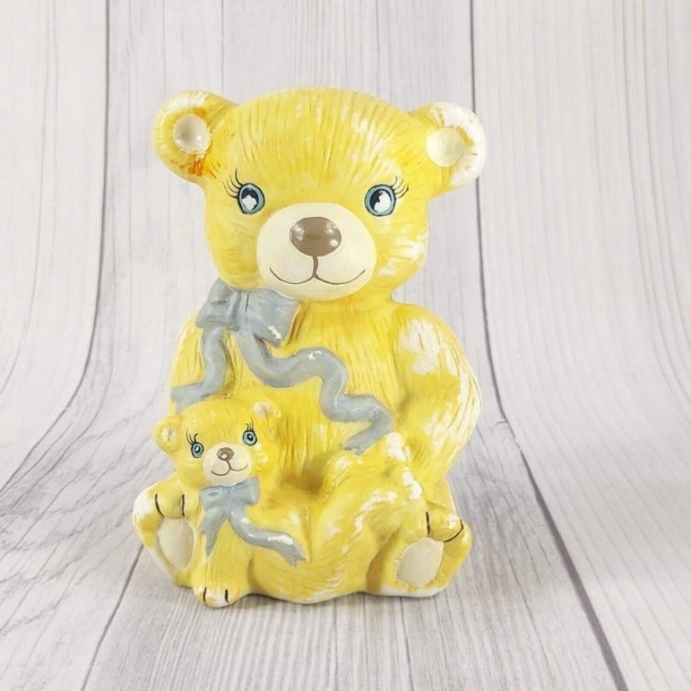 Bear Coin Piggy Bank Mama Baby Bear Yellow Ceramic Kids Room Décor Collectible